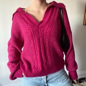 Pink Cable Knit Collared V-Neck Sweater (XL)